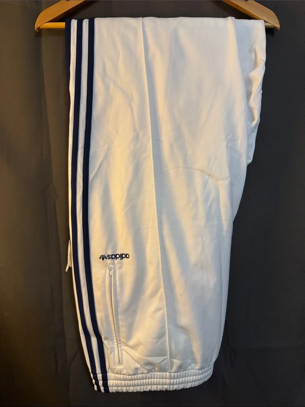 adidas White Track Pants with Navy Side Stripes